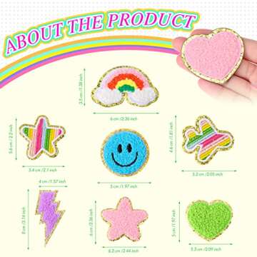 98 Pcs Self Adhesive Chenille Patches Cute Chenille Embroidered Patches Colorful Heart Lightning Rainbow Applique for Clothing Fabric Jackets DIY Mobile Phone Backpacks Hat