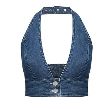 Adult Women's Button Front Denim Halter Crop Tank Top Vest Daisy Sexy Deep V Neck Jean Sleeveless Backless Corset (Blue, X-Small)