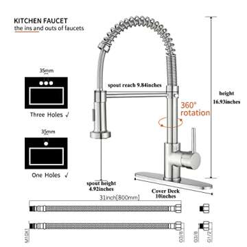 BASDEHEN Kitchen Faucets with Pull Down Sprayer, Ras Nickel Spring Commercial Kitchen Sink Faucet Solid Brass with 10 Inch Mounting Table 1 Hole Or 3 Hole Compatible