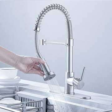 BASDEHEN Kitchen Faucets with Pull Down Sprayer, Ras Nickel Spring Commercial Kitchen Sink Faucet Solid Brass with 10 Inch Mounting Table 1 Hole Or 3 Hole Compatible