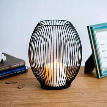 Sziqiqi Pillar Candle Holder Set of 2 Wire Cage Candleholder Set for Pillar Candle Votive Candle, for Room Entryway Fireplace Mantel Decoration Events, Parties and Wedding Decorations, Black Size M+L