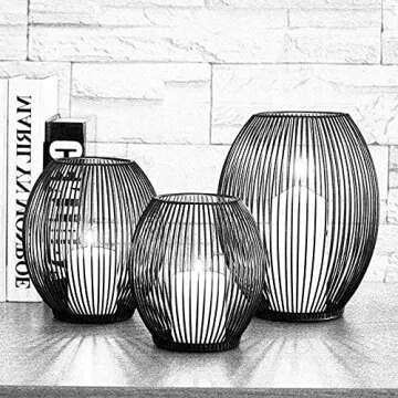 Sziqiqi Pillar Candle Holder Set of 2 Wire Cage Candleholder Set for Pillar Candle Votive Candle, for Room Entryway Fireplace Mantel Decoration Events, Parties and Wedding Decorations, Black Size M+L