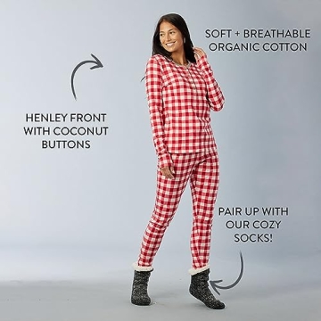 HonestBaby Family Matching Holiday Pajamas Organic Cotton, Women, Kids, Toddlers, Baby Boys, Girls, Unisex Pets, Painted Buffalo Check Red, Men's Large