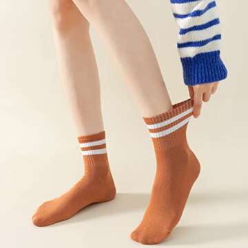 Digoon 6 Pairs Fashion Striped Athletic Socks for Women,Casual Cute Vintage Crew Socks,All Season Socks for Women (Multicolor-4)