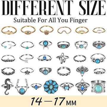 Kigeli 78 Pcs Vintage Turquoise Rings Set Women Western Bohemian Silver Oval Gemstone Boho Joint Knu...