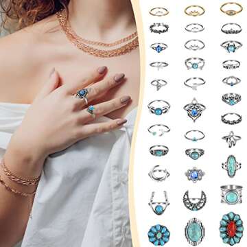 Kigeli 78 Pcs Vintage Turquoise Rings Set Women Western Bohemian Silver Oval Gemstone Boho Joint Knuckle Midi Stacking Rings for Women and Girls