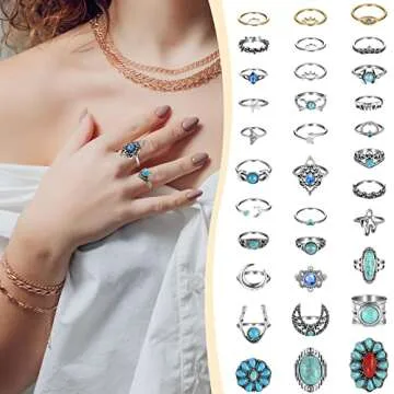 Kigeli 78 Pcs Vintage Turquoise Rings Set Women Western Bohemian Silver Oval Gemstone Boho Joint Knuckle Midi Stacking Rings for Women and Girls