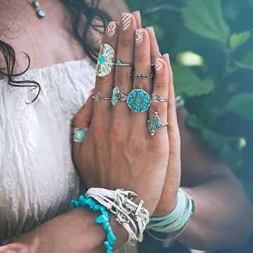 Kigeli 78 Pcs Vintage Turquoise Rings Set Women Western Bohemian Silver Oval Gemstone Boho Joint Knuckle Midi Stacking Rings for Women and Girls