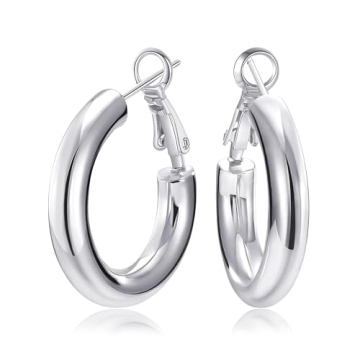 SHOWNII Chunky Silver Hoop Earrings - 14K Gold Plated Earrings for Women Hollow Tube Thick Hoops