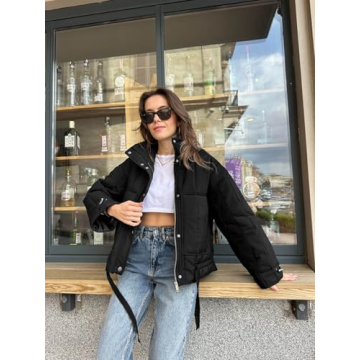 Tankaneo Womens Puffer Quilted Jackets Zip Up Drawstring Waist Lightweight Coats Winter Casual Outerwear with Pockets