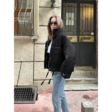 Tankaneo Womens Puffer Quilted Jackets Zip Up Drawstring Waist Lightweight Coats Winter Casual Outerwear with Pockets