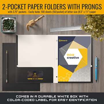 Better Office Products Black Paper 2 Pocket Folders with Prongs, 50 Pack, Matte Texture, Letter Size Paper Folders, 50 Pack, with 3 Metal Prong Fastener Clips, Black