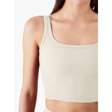FelFory Longline Sports Bra Tank Top Bra Top for Women Seamless Sports Bra Ribbed Workout Tops Padded Crop Top Fitness Yoga Tank Ivory White Medium