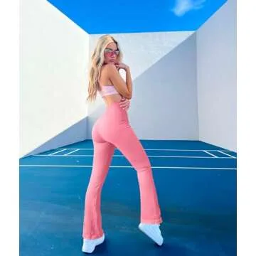 OQQ Women's 2 Piece Yoga Pants Ribbed Seamless Workout High Waist Cross Over Bell Bottoms Exercise Flare Leggings Candypink Black