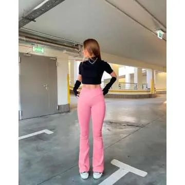 OQQ Women's 2 Piece Yoga Pants Ribbed Seamless Workout High Waist Cross Over Bell Bottoms Exercise Flare Leggings Candypink Black