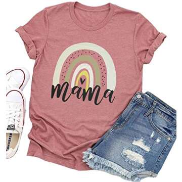 Rainbow Mama Shirt for Women Funny Letters Printed Casual Mom T Shirt Cute Love Heart Graphic Tees T...