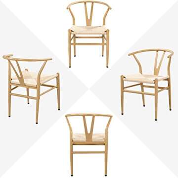 Yaheetech Set of 6 Weave Chairs Metal Dining Chairs Mid-Century Modern Dining Room Chairs with Y-Shaped Backrest & Hemp Seat, 6PCS, Wood Color