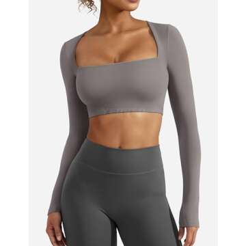 YEOREO Women's Long Sleeve Crop Top Lane Square Neck Crop Top Basic Slim Fit T Shirt Grey XL