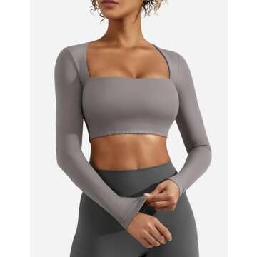 YEOREO Women's Long Sleeve Crop Top Lane Square Neck Crop Top Basic Slim Fit T Shirt Grey XL