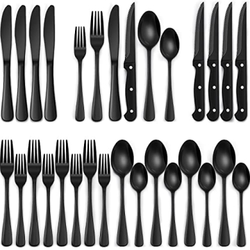 24-Piece Black Silverware Set with Steak Knives, Black Flatware Set for 4, Food-Grade Stainless Stee...