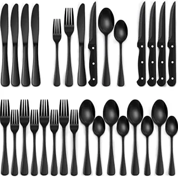 24-Piece Black Silverware Set with Steak Knives, Black Flatware Set for 4, Food-Grade Stainless Stee...