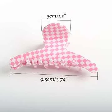 Vintage Checkered Cellulose Acetate Banana Clips, Pack of 3 (Pink/White) - Nonslip Hair Clamps for Women and Girls