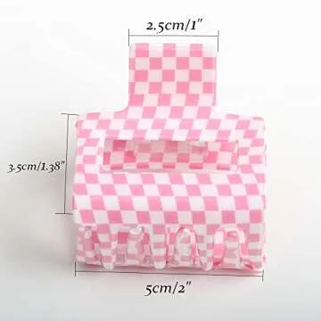 Vintage Checkered Cellulose Acetate Banana Clips, Pack of 3 (Pink/White) - Nonslip Hair Clamps for Women and Girls