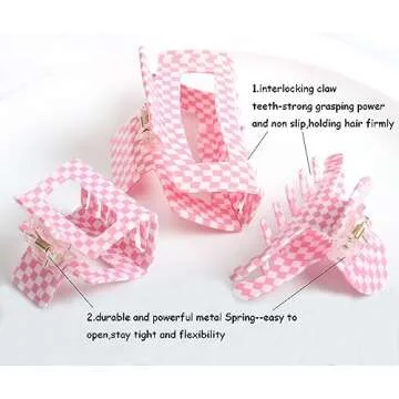 Vintage Checkered Cellulose Acetate Banana Clips, Pack of 3 (Pink/White) - Nonslip Hair Clamps for Women and Girls