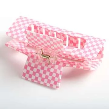 Vintage Checkered Cellulose Acetate Banana Clips, Pack of 3 (Pink/White) - Nonslip Hair Clamps for Women and Girls