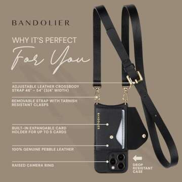 Bandolier Hailey Crossbody Wallet Phone Case for iPhone 15 Pro Max. 100% Genuine Pebble Leather with Gold Hardware. Adjustable & Removable Strap. Expandable Flip Card Holder. Black with Gold