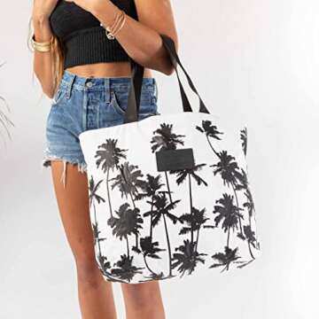 ALOHA Collection Coco Palms Zipper Tote in Black | Lightweight, Packable, and Splash-Proof Beach Tote Bag | Easy to Clean