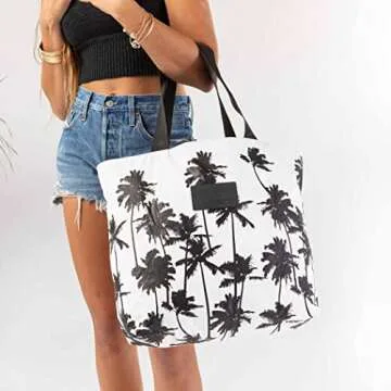 ALOHA Collection Coco Palms Zipper Tote in Black | Lightweight, Packable, and Splash-Proof Beach Tote Bag | Easy to Clean