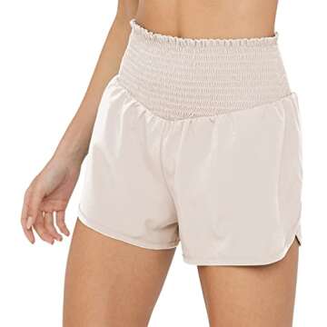 Sunzel Women High Waisted Running Shorts with Pockets Liner Workout Athletic Shorts Beige