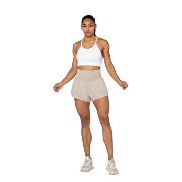 Sunzel Women High Waisted Running Shorts with Pockets Liner Workout Athletic Shorts Beige