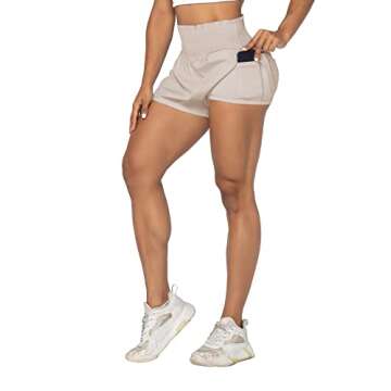 Sunzel Women High Waisted Running Shorts with Pockets Liner Workout Athletic Shorts Beige