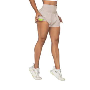 Sunzel Women High Waisted Running Shorts with Pockets Liner Workout Athletic Shorts Beige