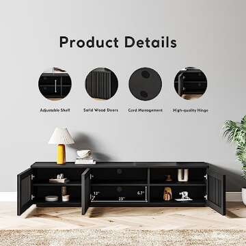 POVISON Modern Solid Wood TV Stand, Black Entertainment Center for 65 inch TV, Full Assembled Media Console with Storage, Farmhouse Low TV Cabinets for Living Room Bedroom, Oak Veneer