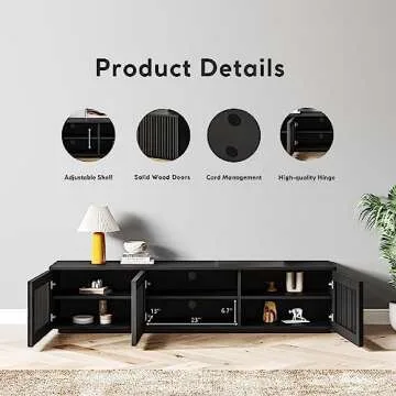 POVISON Modern Solid Wood TV Stand, Black Entertainment Center for 65 inch TV, Full Assembled Media Console with Storage, Farmhouse Low TV Cabinets for Living Room Bedroom, Oak Veneer