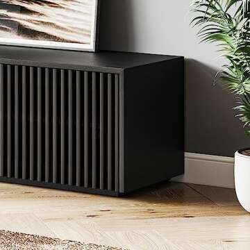 POVISON Modern Solid Wood TV Stand, Black Entertainment Center for 65 inch TV, Full Assembled Media Console with Storage, Farmhouse Low TV Cabinets for Living Room Bedroom, Oak Veneer