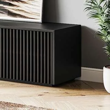 POVISON Modern Solid Wood TV Stand, Black Entertainment Center for 65 inch TV, Full Assembled Media Console with Storage, Farmhouse Low TV Cabinets for Living Room Bedroom, Oak Veneer