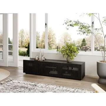 POVISON Modern Solid Wood TV Stand, Black Entertainment Center for 65 inch TV, Full Assembled Media Console with Storage, Farmhouse Low TV Cabinets for Living Room Bedroom, Oak Veneer