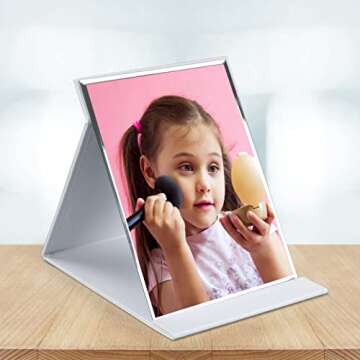 ZBEIVAN 10x7 Inches Portable Folding Makeup Mirror, Frameless PU Leather Desk Mirror with Stand for Camping Travel Tabletop Personal, White