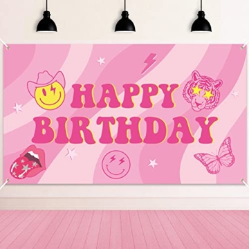 AellasNervalt Preppy Birthday Party Backdrop Hot Pink Smiling Face Lip Butterfly Banner Extra Large ...