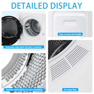 Stopsad 1.6Cu.ft Sortable Dryer, 5 Mod/800W Electric Clothing Dryer, Wall Mounted/Freestanding Mini Dryer, Compact Dryer with Stainless Steel Tub Suitable for Laundry, Apartments, Dorms White