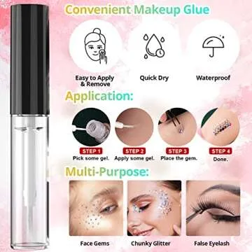 Round Flatback Face Gems Kit (Colorful) for Makeup with Quick Dry Glue + Brush + Tweezer, Nail Art Rhinestones Mixed Color Iridescent Chameleon Glass Crystal Beads for Make-up Deco