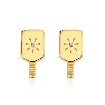 Pickleball Paddle Stud Earrings 18K Gold Plated Over 925 Sterling Silver - Embellished with Cubic Zi...