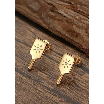 Pickleball Paddle Stud Earrings 18K Gold Plated Over 925 Sterling Silver - Embellished with Cubic Zirconia | Birthday Gift Pickleball Players, Christmas Gifts for Pickleball Lovers