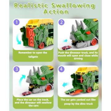 Intoypad Dinosaur Truck Toys for Kids, Transforms into Triceratops with Race Track Set, Ultimate City Dinosaur Transporter Hauler with 4 Cars, Birthday Gifts Toys for Boys 3 4 5 6 7 8 Years Old Green