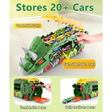 Intoypad Dinosaur Truck Toys for Kids, Transforms into Triceratops with Race Track Set, Ultimate City Dinosaur Transporter Hauler with 4 Cars, Birthday Gifts Toys for Boys 3 4 5 6 7 8 Years Old Green