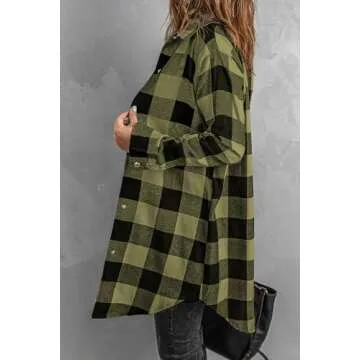 EVALESS Color Block Plaid Shacket Jacket Womens Fall Clothes Fashion 2024 Casual V Neck Outfits Long Sleeve Button Down Lightweight Flannel Shirts Jackets Cardigans Coats With Pockets Green Small